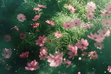 Wall Mural - pink cosmos flowers were in full bloom, growing wild on the grassy ground of an english garden