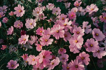 Wall Mural - pink cosmos flowers were in full bloom, growing wild on the grassy ground of an english garden