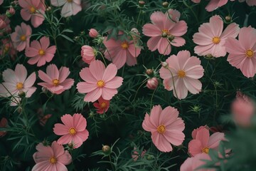 Wall Mural - pink cosmos flowers were in full bloom, growing wild on the grassy ground of an english garden