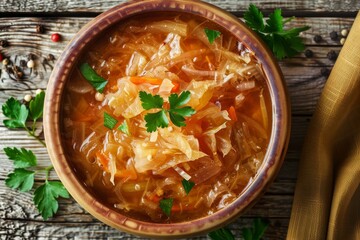 Close up of Czech sauerkraut soup in a bowl on table top view