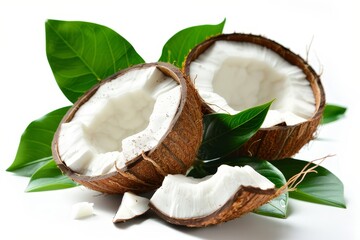 Coconut halves with leaves on a white background