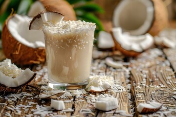 Sticker - Coconut smoothie with fresh coconut slices and flakes on wooden background