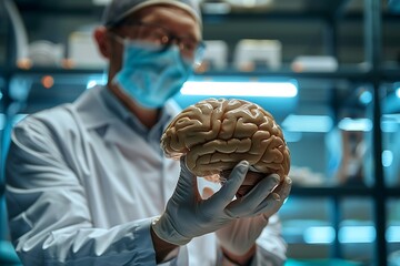 Wall Mural - Scientist holding half human brain part while standing at laboratory
