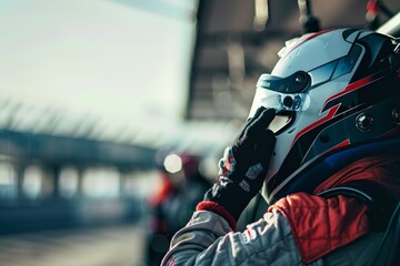 Wall Mural - Driver at racing school donning helmet before hitting the track