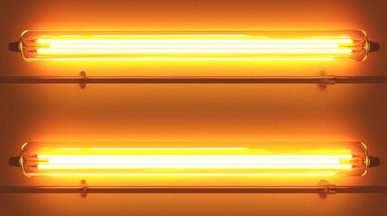 For party border design, neon tube lamp in yellow and white. Modern fluorescent led light bar isolated on transparent background. Night realistic electric stripe casino illumination graphic pack.