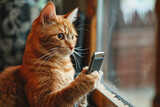 Fototapeta  - A cat holding a smartphone while looking at the camera. Smart, cute cat uses phone to surf the internet.