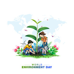 Wall Mural - Modern Creative World Environment Day. School Children Kids planting green tree plant and world map background.