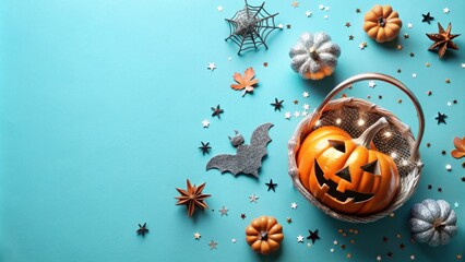 Wall Mural -  Top view photo of halloween decorations pumpkin basket silver sequins stars spiders and bat silhouettes on isolated pastel blue background with copyspace