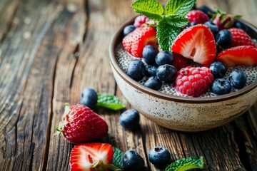 Wall Mural - Vanilla chia seed pudding with berries for a healthy breakfast or snack on a rustic wooden background emphasizing a vegetarian diet and health