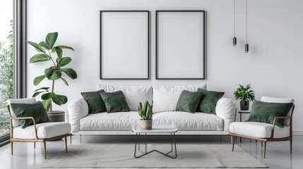 modern living room with sofa,White sofa and chair with green pillows against white wall with two posters, frames. Art deco classic interior design of modern living room