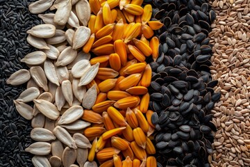Wall Mural - Various seeds blend in the background Sunflower black and white sesame flax and pumpkin seeds Overhead perspective Close up shot
