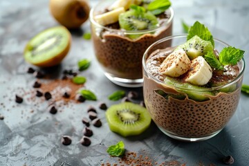 Wall Mural - Vegan breakfast with chia pudding kiwi and banana in glass on gray table healthy with space for text