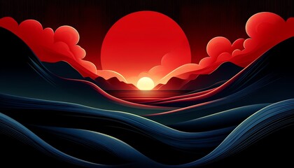 Wall Mural - An abstract landscape of a Lake and Mountains under a sunset
