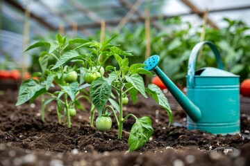 Wall Mural - Young seedlings of sweet peppers and tomatoes in soil in a greenhouse with a blue watering can in spring