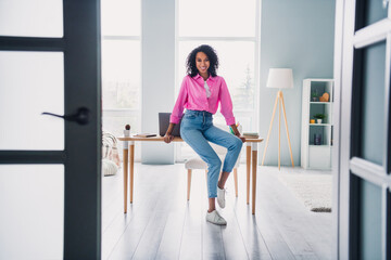 Sticker - Full size photo of pretty young girl sit table confident entrepreneur wear trendy pink outfit modern interior indoors office workstation