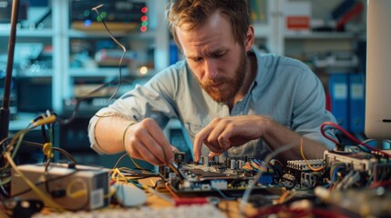 Engineering, technician, and man fixing computer gear in workshop or office. IT, technology, and male professional repairing microcircuits or motherboards at work.