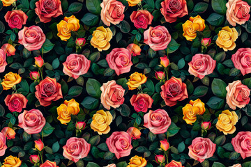 Wall Mural - A colorful floral pattern of roses and leaves