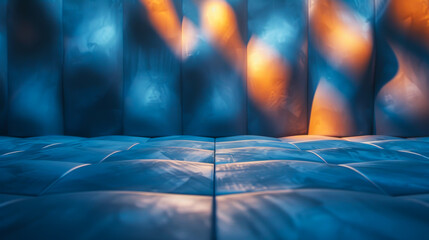 Close-up texture of a sofa with square patterns with sunset rays of the sun. Dark room with square patterns. Lighting concept.