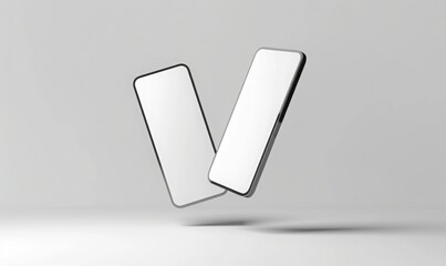 two smartphone floating in the air with white blank screen. on solid white background. mix match for mockup.