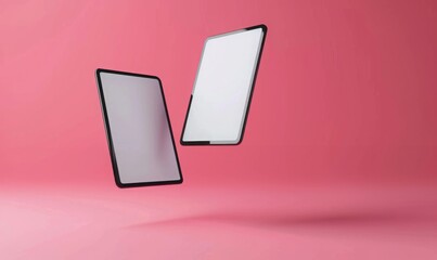 Wall Mural - two tablet floating in the air with white blank screen. on solid pink background. mix match for mockup.