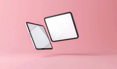 Wall Mural - two tablet floating in the air with white blank screen. on solid pink background. mix match for mockup.