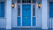 © Lull - Blue front door of a house with lit lanterns. A charming image of a blue front door with lit lanterns on either side, creating a welcoming entrance to a home..