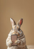 Fototapeta  - A bunny holding a smartphone while looking at the camera. Smart, cute dog uses phone to surf the internet. Poster.