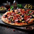 © Md Mojammel - tasty pizza with salami and olives on a black background