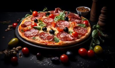 Pizza with salami, olives and tomatoes on black background