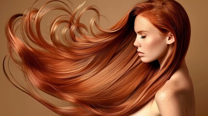 Elegant redhead model displaying her luxurious long silky hair in a stunning fashion shoot