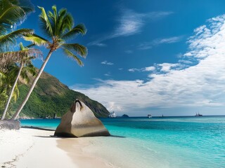 Canvas Print - A stunning tropical beach scene with palm trees, white sand and turquoise water in the background. A large rock is visible on one side of the photo. 