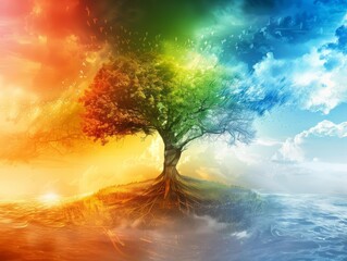 A tree representing two worlds, lush forest on one side and barren wasteland on the other, vibrant colors, high contrast, splitscreen composition, symbolizing environmental duality