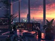 © JK_kyoto - Financial trading setup with charts on screens, plants, and a city view through large windows, dusk lighting, realistic style, emphasizing modern finance and technology