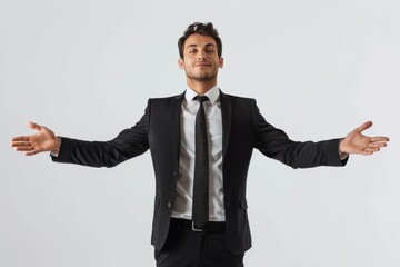 Canvas Print - A man in a suit and tie is smiling and giving a thumbs up gesture