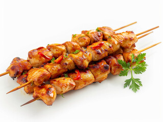 A plate of chicken skewers with a bunch of parsley on the side