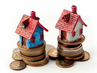 Two miniature house models with red roofs standing on stacks of coins, symbolizing real estate investment and property market, detailed and vibrant, financial theme