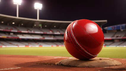 A red cricket ball with a shiny surface and stitching is sitting on a grass field with a stadium in the background.

