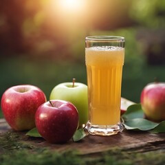 Canvas Print - AI generated illustration of a glass of apple cider and apples on a wooden table