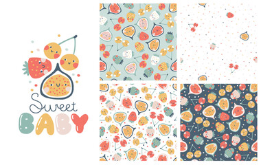 Sticker - Tropical Fruit collection of seamless patterns with print composition and comic lettering. Vector cartoon childish background with cute smiling fruit characters in simple hand-drawn style.