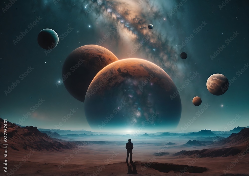 Astronaut Gazing at Multiple Planets and Galaxies in a Breathtaking ...