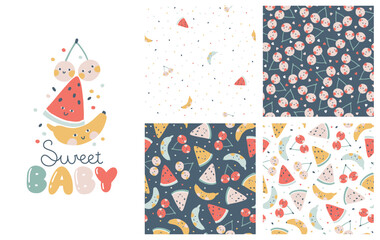 Sticker - Tropical Fruit collection of seamless patterns with print composition and comic lettering. Vector cartoon childish background with cute smiling fruit characters in simple hand-drawn style.