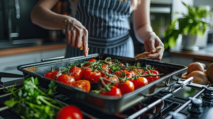 Canvas Print - a woman takes tomatoes out of the oven. selective focus
