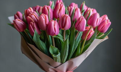 Sticker - bouquet of dark pink tulips in crease-free tall paper wrapping tied with satin ribbon