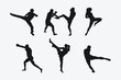 © Irkhamsterstock - Muay Thai, kickboxing vector silhouettes set on white background. Different action, pose. Martial arts, sport. Graphic illustration.