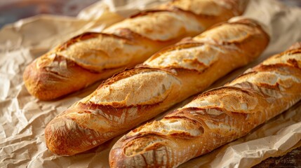 Fresh tasty baguettes in craft paper bag, close up. Fresh Bread french baguette in craftpaper bag