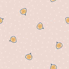 Wall Mural - Fig character seamless pattern with smiley face fruit on a polka dot background. Hand-drawn cartoon doodle in simple naive style. Vector illustrations in a pastel palette for kids.