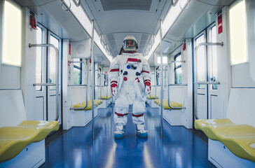 Cinematic fiction image of a modern astronaut roaming in a city on planet earth. concept about humanity living on other planets in the future.