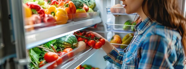 a woman puts vegetables in the refrigerator. selective focus
