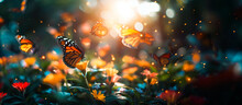 Monarch Butterflies Fluttering Over Vibrant Wildflowers In Sunlit Meadow, Nature’s Beauty In Bloom. 