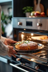 Wall Mural - a woman takes a pie out of the oven. selective focus